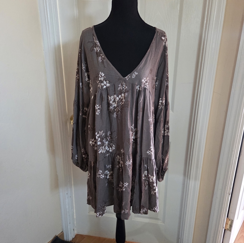 Taupe Floral Vneck Boho Coastal Cowgirl Western Puff Sleeve Tunic Dress Medium